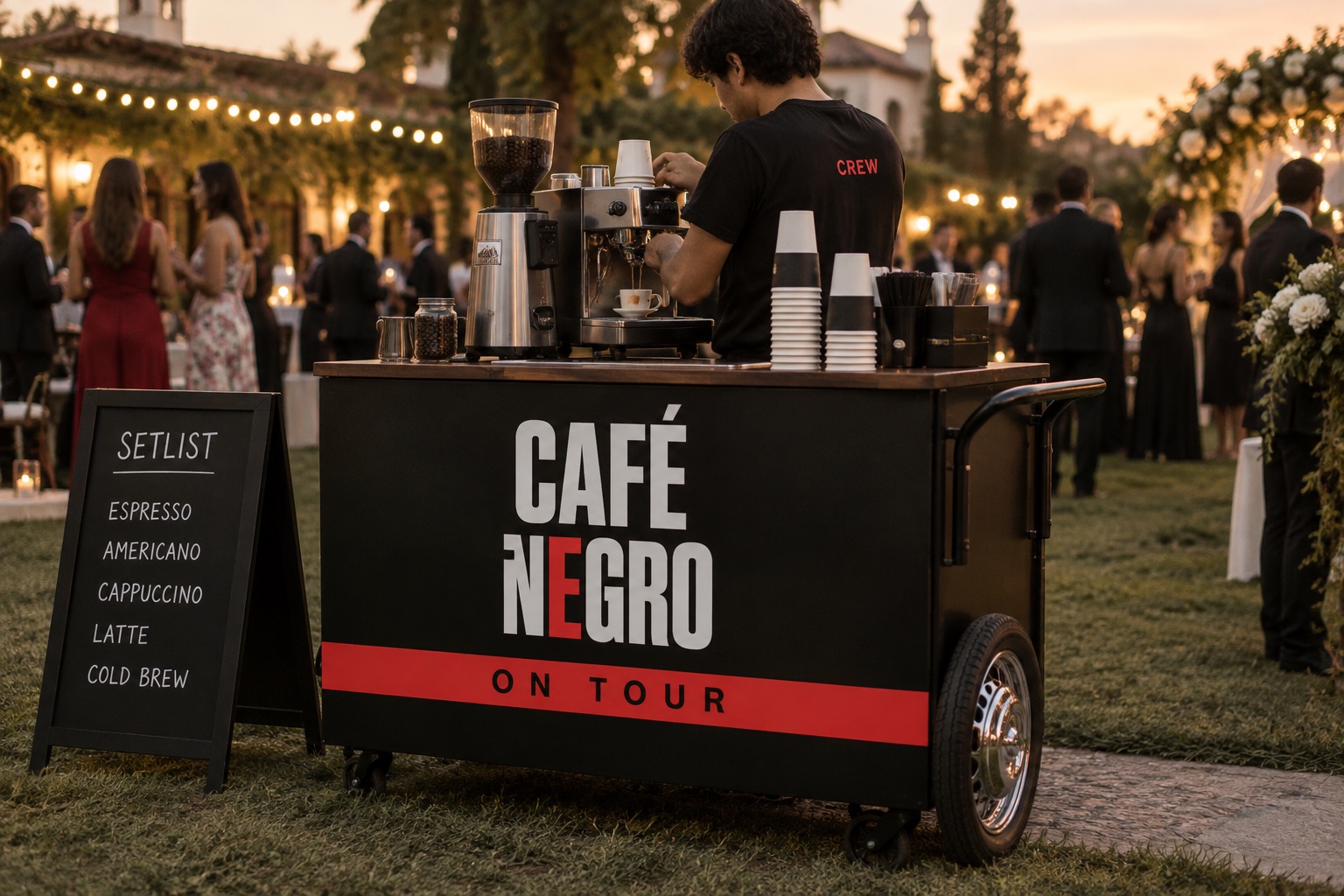 Render del carrito Café Negro On Tour en una boda al atardecer: carrito negro con logo apilado, franja roja On Tour, máquina de un grupo y pizarra Setlist